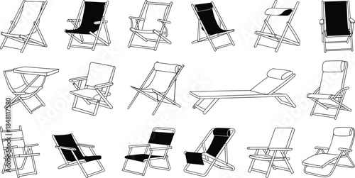 Collection of deck chairs and beach chairs in various styles and positions lounge chair sun lounger