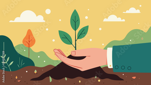 Vector Illustration of Hand Holding Seedling for Ecological Balance