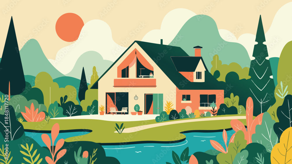 Naklejka premium Vector Illustration of an Ecological House with Biophilic Design Elements