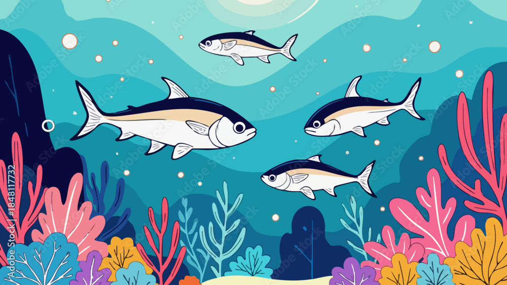 Obraz premium Vector Illustration of Peaceful Ocean Life with Healthy Coral Reefs