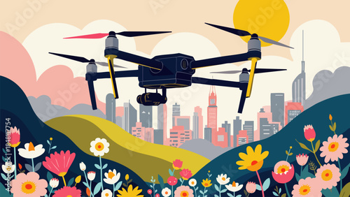 Sleek Drone Pollinating Wildflowers Against Futuristic Cityscape, Vector Illustration
