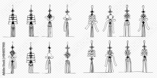 Set of hand-drawn traditional Korean norigae pendants with intricate designs and tassels.