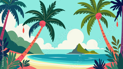 Vector Illustration of Swaying Palm Tree Against Blue Sky and Distant Island