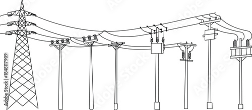 Electrical Transmission Tower and Utility Poles with Power Lines Keywords: electricity, power, energy, transmission