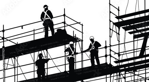 Construction workers in silhouette on scaffolding against white background safety