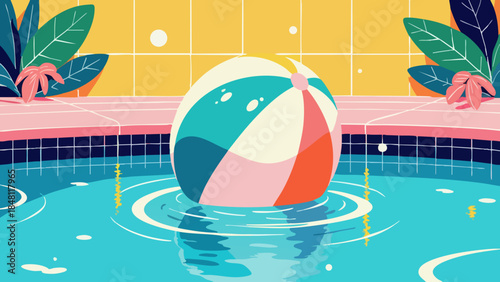 Vector Illustration of Multi-colored Beach Ball Floating in a Swimming Pool