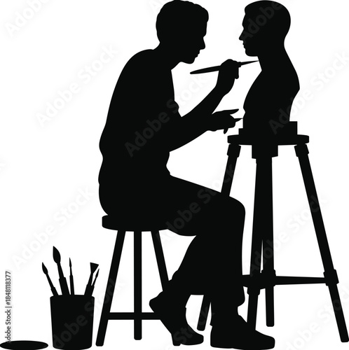 Silhouette of artist sculpting a bust with tools on a white background sculpture