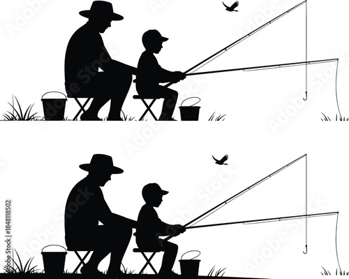 Silhouette of father and son fishing together on a sunny day with a bird flying family