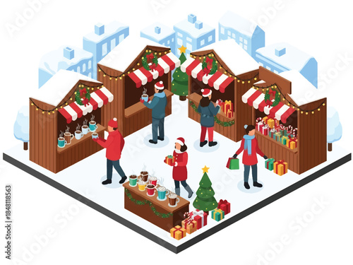 Isometric vector 3D view of a festive Christmas market square with wooden stalls, lights, shoppers, and winter decorations, joyful holiday city atmosphere