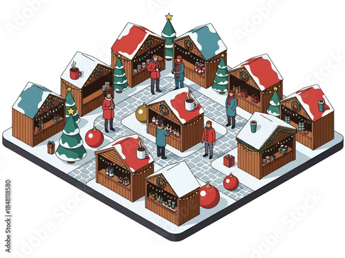 Isometric vector 3D view of a festive Christmas market square with wooden stalls, lights, shoppers, and winter decorations, joyful holiday city atmosphere