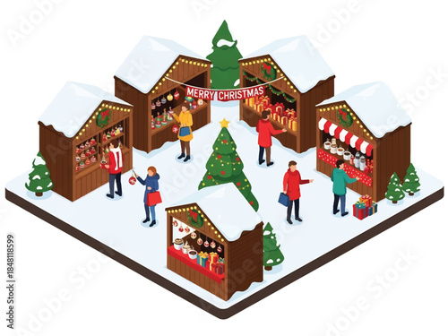 Isometric vector 3D view of a festive Christmas market square with wooden stalls, lights, shoppers, and winter decorations, joyful holiday city atmosphere