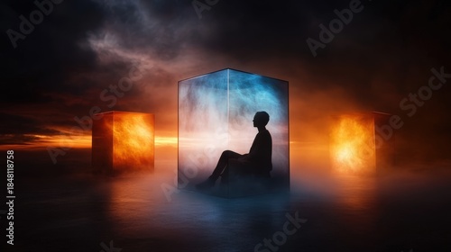 An artistic portrayal of a person sitting within a cube, surrounded by a dramatic mix of warm and cool colors, symbolizing personal contemplation and the dichotomy of emotions in a surreal environmen