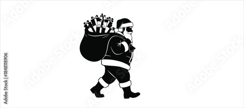 Vector cartoon illustration of friendly smiling  Santa Claus ringing a bell, sack with gifts on back, snow falling in the background, presents lying around on the ground. Christmas design element. 