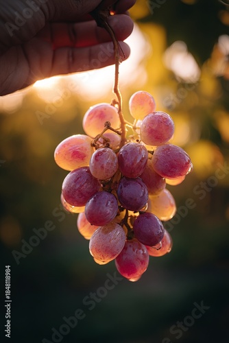 Harvesting ripe grapes under the warm golden glow of the evening sun amidst lush vineyard vines creating a serene and fruitful atmosphere