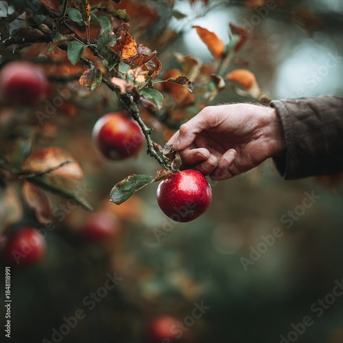Harvesting ripe apples during a serene autumn day in an orchard, surrounded by golden leaves and the sweet scent of fruit filled branches