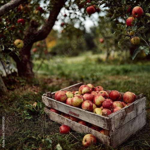 Harvesting apples in a picturesque orchard during autumns warm embrace, showcasing a rustic wooden crate brimming with ripe red fruit