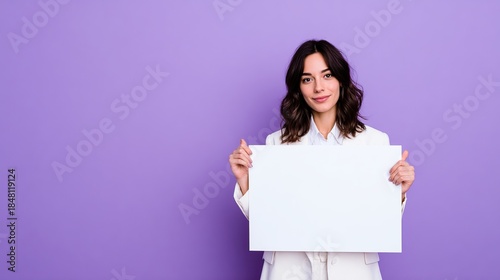 Bright and cheerful woman holding a blank sign in front of a vibrant purple background, radiating confidence and inviting creativity