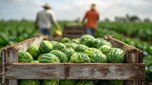 Harvesting fresh watermelons in a vibrant green field on a sunny day, surrounded by dedicated workers tending to their crop with care and skill