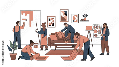 Creative living room renovation scene with multiple professionals working together to redecorate
