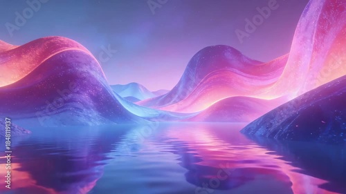 Surreal abstract landscape with glowing neon mountain waves reflecting on water. Colorful, dreamy digital artwork with cyberpunk/vaporwave aesthetic, smooth gradients and serene atmosphere.