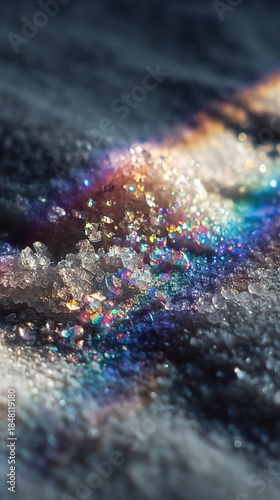 Sparkling crystals dance under sunlight, casting vibrant colors on a snowy surface during a chilly winter afternoon, creating a magical winter wonderland scene