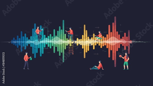 Digital illustration of people interacting with colorful soundwaves and audio effects in a