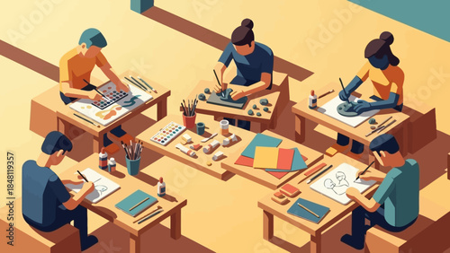 Creative workshop scene showcasing diverse artists engaging in various design activities