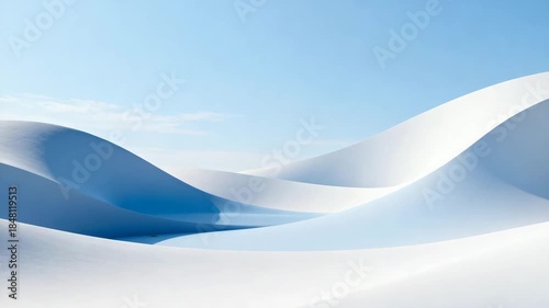 A serene landscape of smooth snow dunes under a clear blue sky, with soft light and gentle curves creating an abstract, minimalist winter scene.
