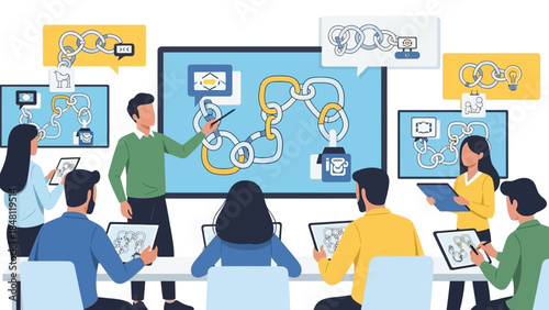 digital collaboration and interconnected teamwork with technology devices and communication tools