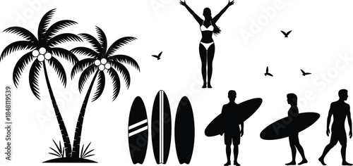 Tropical Beach Scene Silhouettes with Palm Trees Surfers and Birds coconuts surfboards