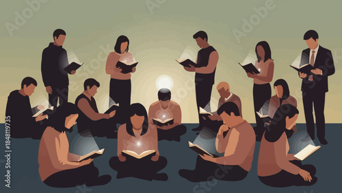 Diverse group of people engaging in reading activities in a contemporary setting