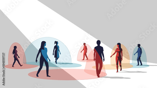 Diverse group of people engaging in social interactions under colorful lighting in a modern setting