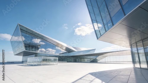 A modern architectural building with glass facade and open outdoor space, showcasing contemporary design, geometry, and clean lines under a bright sky with clouds.