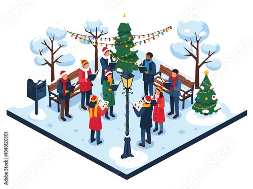 Isometric 3D view vector of people singing Christmas carols outdoors with songbooks and winter clothes, traditional holiday celebration scene, joyful community atmosphere, solid colors