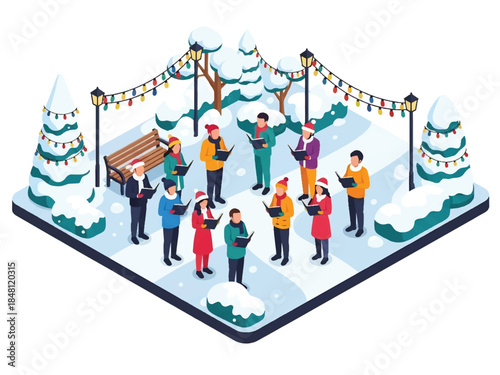 Isometric 3D view vector of people singing Christmas carols outdoors with songbooks and winter clothes, traditional holiday celebration scene, joyful community atmosphere, solid colors