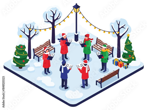 Isometric 3D view vector of people singing Christmas carols outdoors with songbooks and winter clothes, traditional holiday celebration scene, joyful community atmosphere, solid colors