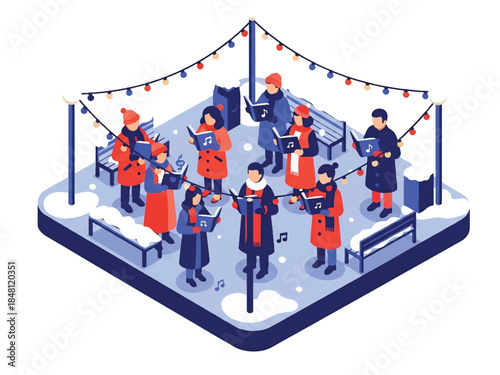 Isometric 3D view vector of people singing Christmas carols outdoors with songbooks and winter clothes, traditional holiday celebration scene, joyful community atmosphere, solid colors