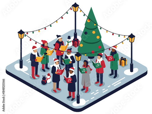 Isometric 3D view vector of people singing Christmas carols outdoors with songbooks and winter clothes, traditional holiday celebration scene, joyful community atmosphere, solid colors