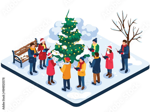 Isometric 3D view vector of people singing Christmas carols outdoors with songbooks and winter clothes, traditional holiday celebration scene, joyful community atmosphere, solid colors