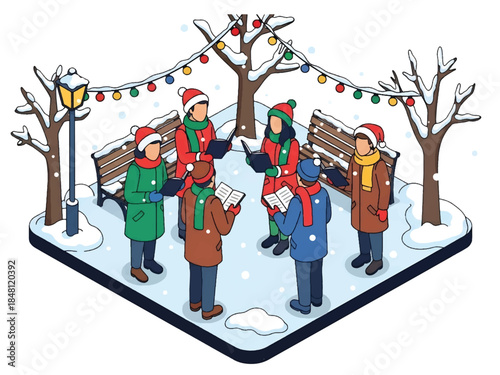 Isometric 3D view vector of people singing Christmas carols outdoors with songbooks and winter clothes, traditional holiday celebration scene, joyful community atmosphere, solid colors