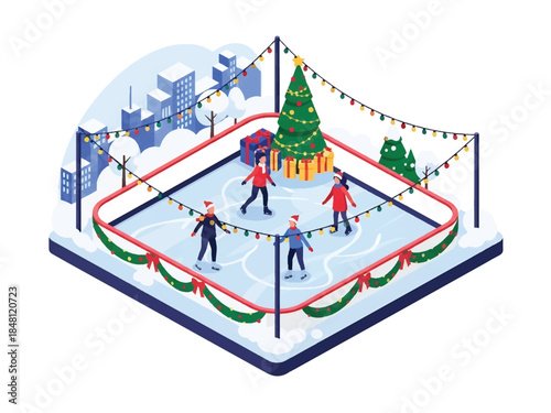 Isometric 3D view vector of an outdoor ice skating rink with people skating, festive lights, and winter city background, joyful Christmas recreation scene, solid colors
