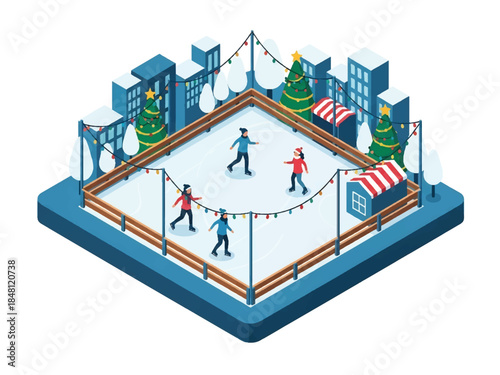 Isometric 3D view vector of an outdoor ice skating rink with people skating, festive lights, and winter city background, joyful Christmas recreation scene, solid colors