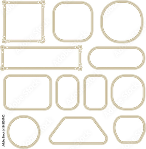 Elegant beige rounded outline shapes and ornamental frames set. Soft neutral geometric borders with delicate corner accents. Minimal luxury UI elements for web, branding and graphic design.