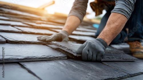 Skilled Worker Installing Slate Roof Tiles with Precision Under Warm Light on Construction Site