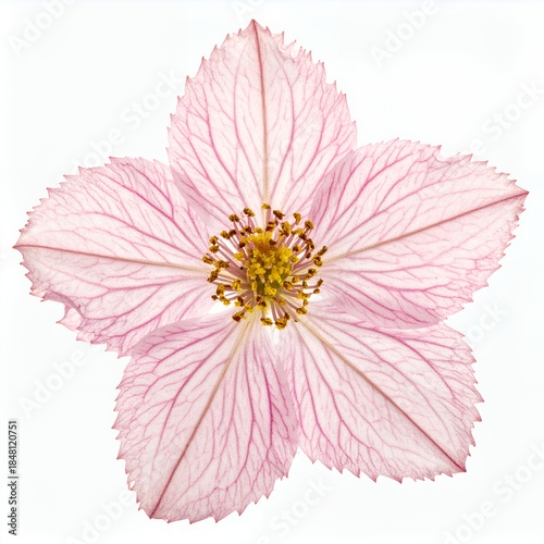 Delicate pink flower with visible veins set against a clean white backdrop