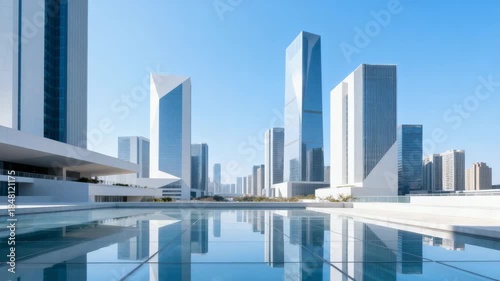 Modern skyscrapers with glass facades stand under a clear blue sky, their reflections mirrored in a calm urban pool, showcasing contemporary city architecture.