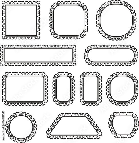 Black ornamental scalloped outline shapes and frames set. Decorative geometric borders with vintage lace style. Classic UI elements for labels, packaging and graphic design layouts.