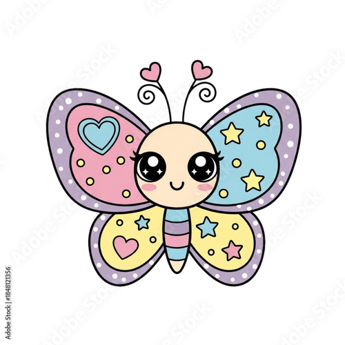 Cute cartoon butterfly with colorful wings and heart designs smiling
