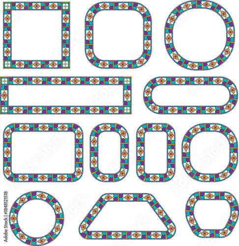 Colorful mosaic rounded outline shapes and frames set. Playful geometric borders with vibrant tile pattern texture. Creative UI elements for kids design, web and graphic layouts.