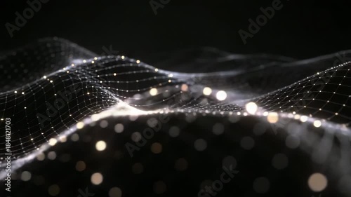 Abstract 3D digital wave with connected particles and glowing points, suggesting data flow, network connectivity, or futuristic technology visualization.